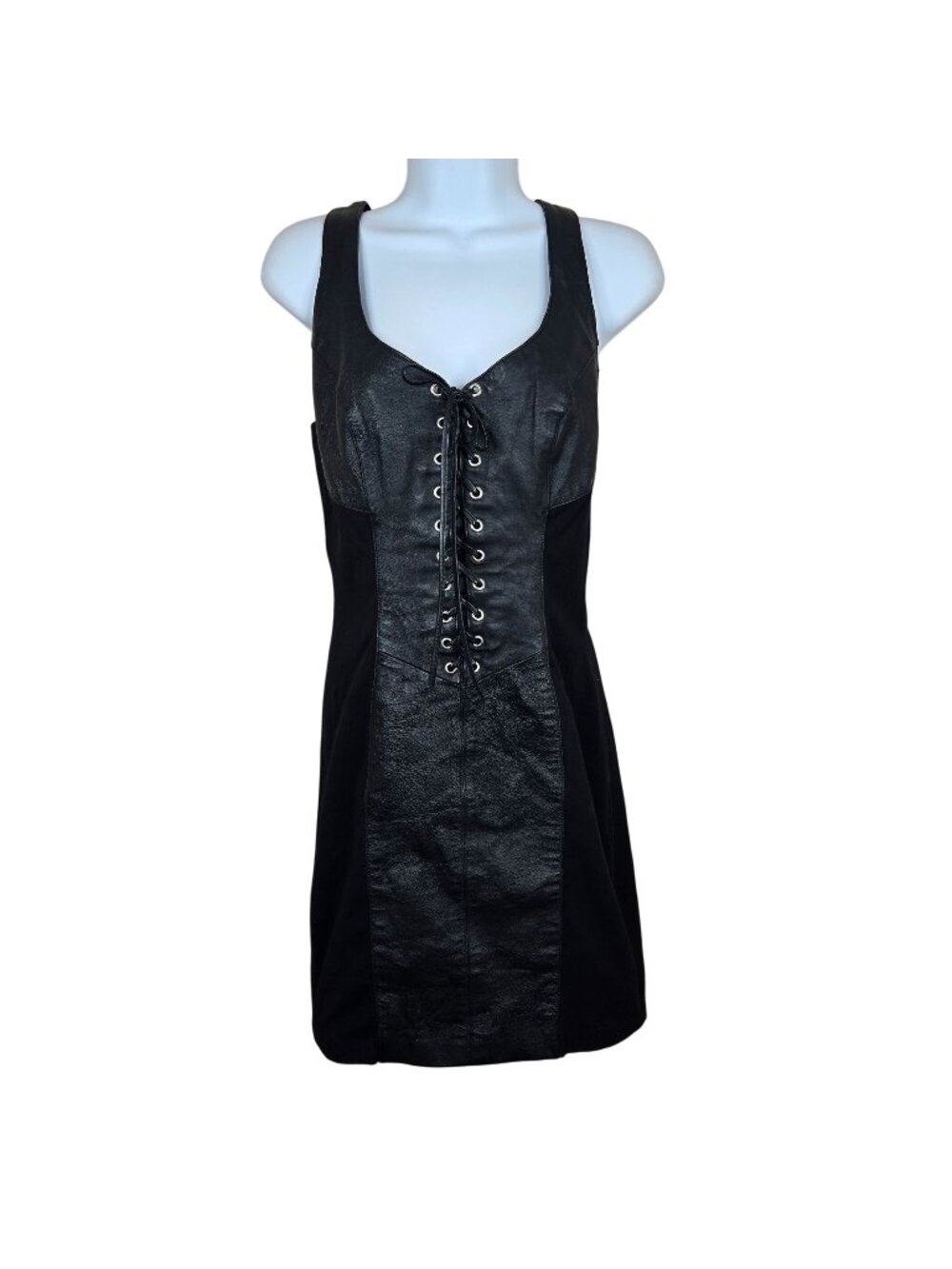 Vintage 90s Wilsons Leather Black Lace-Up Corset Dress Womens S